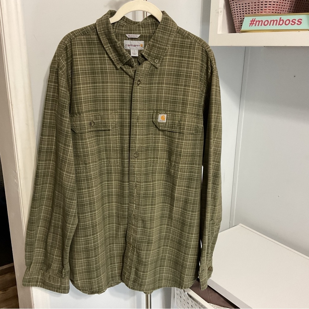 Carhartt Olive Long Sleeve Button Down Shirt Size L